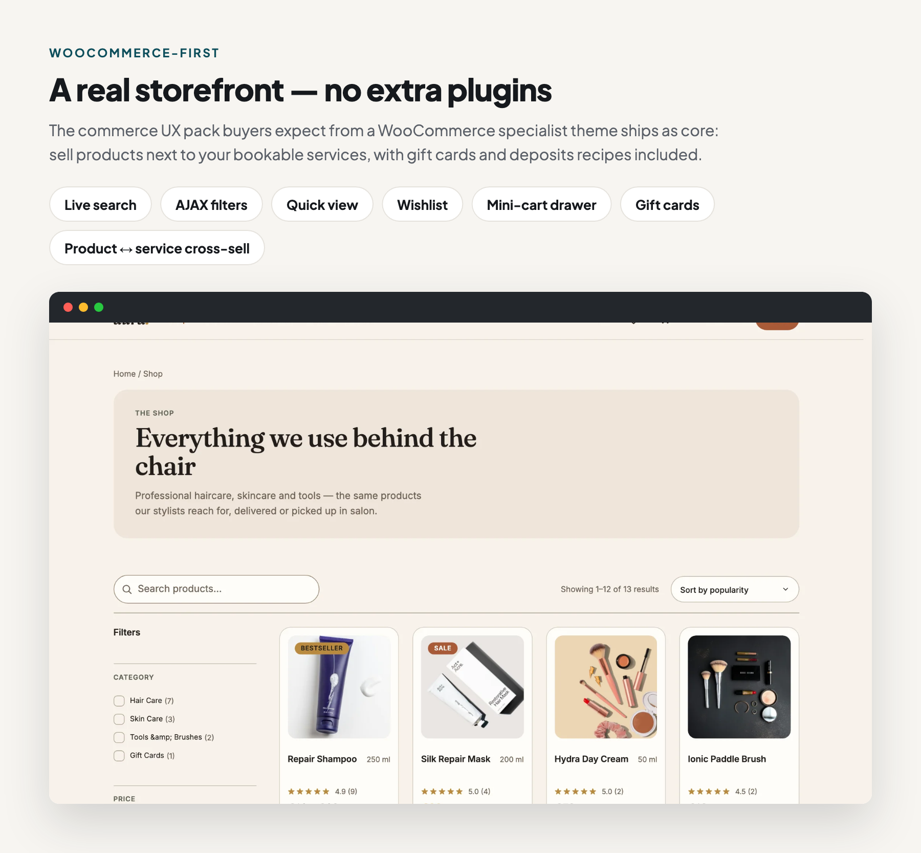 WooCommerce storefront with quick view, wishlist, live search and filters