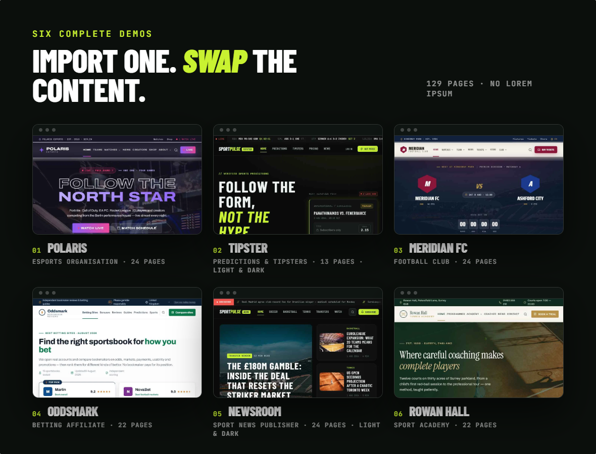 SportPulse demos - Polaris esports, Tipster, Meridian FC, Oddsmark betting affiliate, Newsroom, Rowan Hall academy