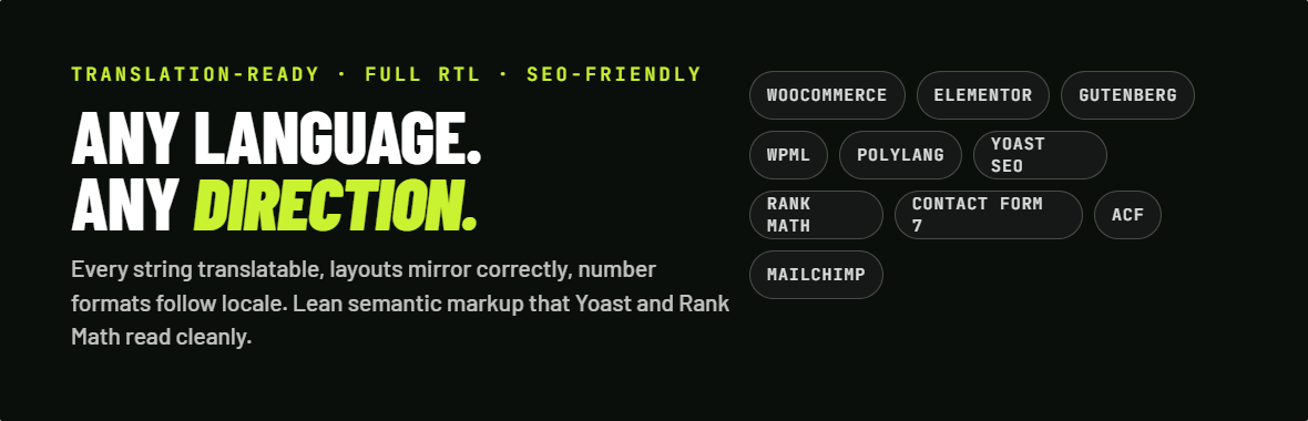 Translation-ready, full RTL, compatible with WPML, Polylang, Yoast SEO and Rank Math