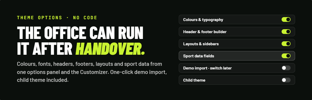 SportPulse Theme Options panel and one-click demo import