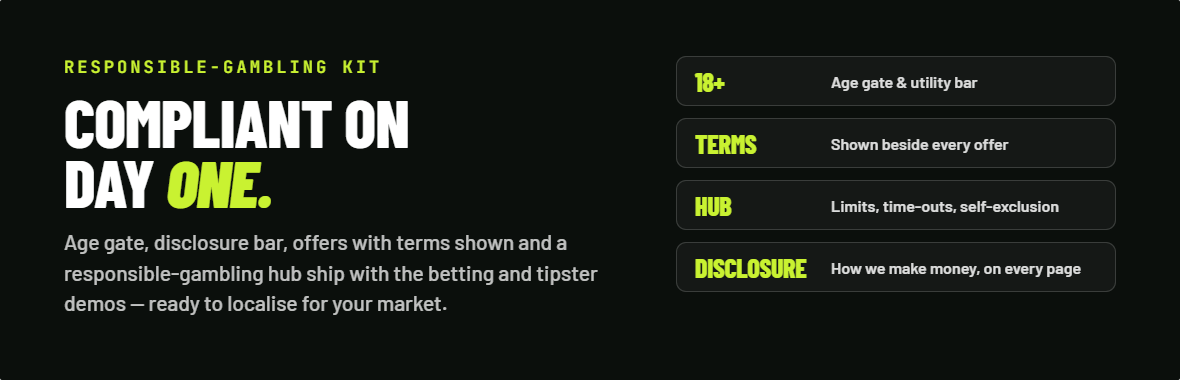 Responsible-gambling kit: age gate, disclosure bar, offers with terms, RG hub
