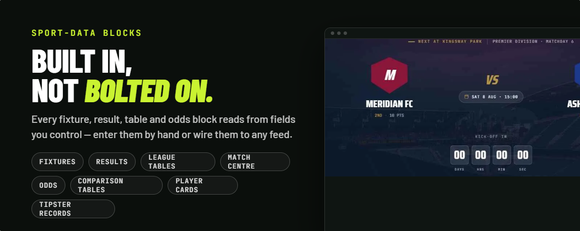 Sport-data blocks: fixtures, results, league tables, match centre, odds, comparison tables
